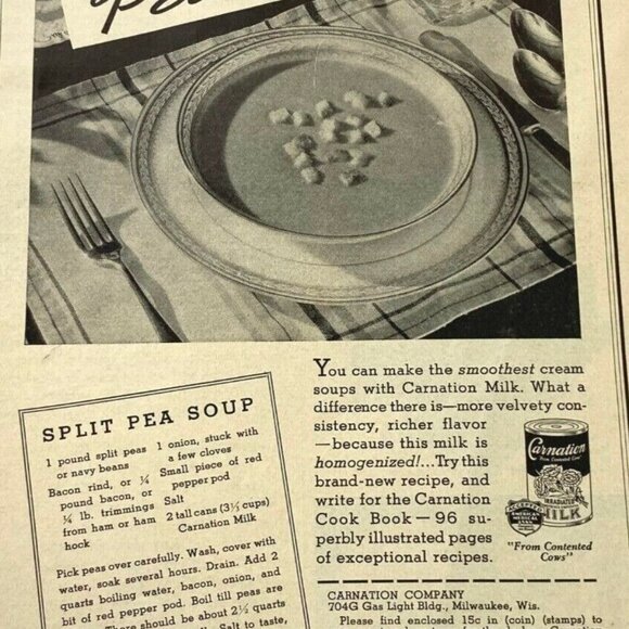 Carnation Milk Vintage Print Ad 30s Dairy Advertising Split Pea Soup Recipe - Picture 6 of 6
